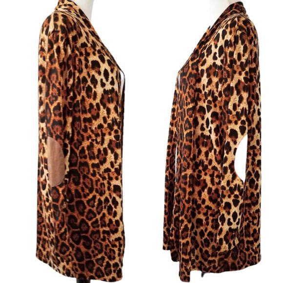 A.GAIN Leopard Animal Print Open Front Cardigan With Pockets - Women's L - Picture 5 of 9